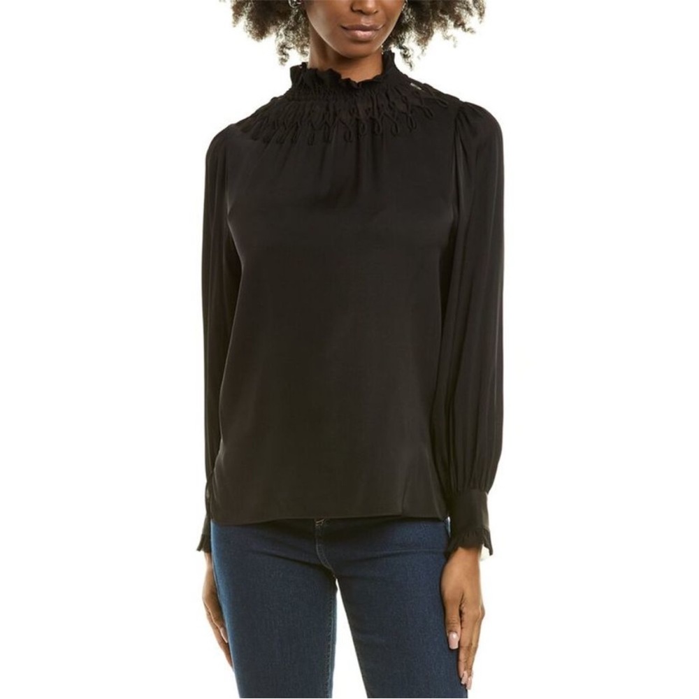 Kobi Halperin Black Ruffled Silk Mock Neck Blouse Size Small